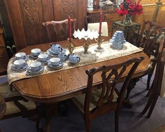 Oak Table with 2 self storing leaves, USSR Tea Set, 4 Chippendale Dining Chairs  Two Folding Chippendale Style Chairs