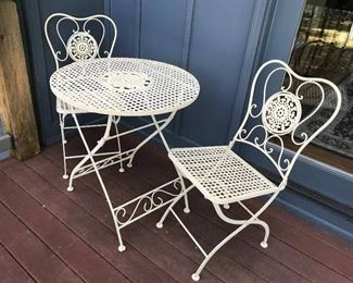 3 piece antique white folding metal bistro set (table with two chairs)