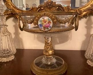 19th c. Neoclassical style compote w Gilt Brass & Porcelain Medallions