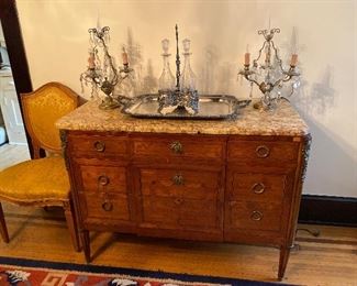 Louis XVI Style Commode w Marble Top & Musical Trophy Marquetry Inlay