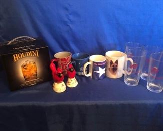 Assorted Mugs and Glasses, Cardinal Salt and Pepper Shakers