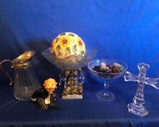 Glass Bowls, Glass Cross, Glass and Silver Pitcher, and Butler Wine Holder
