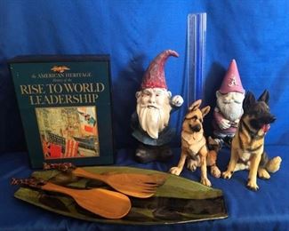 Miscellaneous Gnomes, Dog Figurines, Tray and Spoons, Books