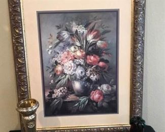 Picture in Pewter Frame, Purple Glass Eggplant, and Pewter Colored Candlestick