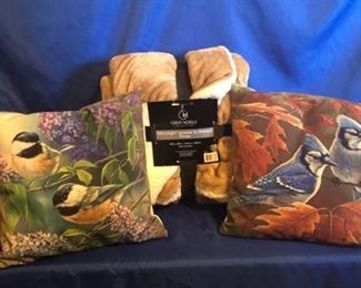 Tan Throw and Two Bird Pillows