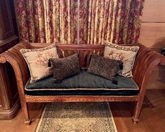 Wood slatted bench with custom upholstered velvet cushion