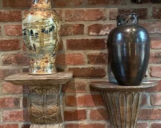Pair, vintage Japanese Satsuma and other decorative vases along with decorative cornices