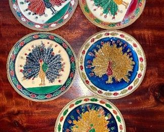 Set of 5 Greek enamel on bronze peacocks? turkeys? Coaster size.
