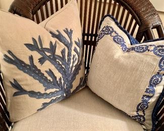 Blue and taupe Coral pillows embroidered - from Mecox in Palm Beach!
