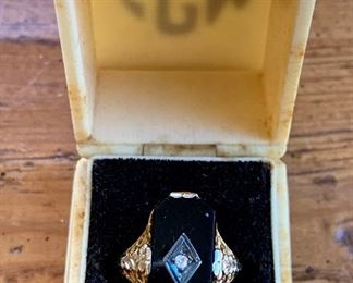 Vintage gold and onyx ring in vintage box