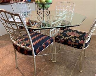 Distressed Wrought Iron & Glass Table w/ 4 Chairs 30x52x52in HxWxD