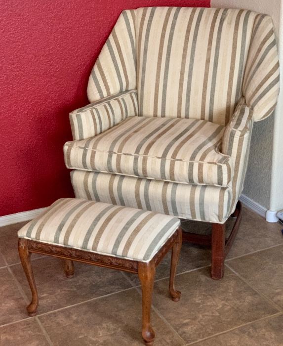 Vintage Wingback Chair w/ Ottoman 38x34x31in HxWxD Recently reupholstered with contemporary fabric.. Looks great!