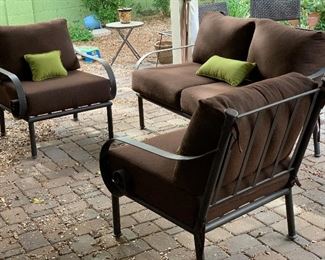 Heavy Wrought Iron Wide Scroll arm Patio Loveseat 34x58x36 HxWxD
Heavy Wrought Iron Wide Scroll arm Chair #1 44x31x36in HxWxD
Heavy Wrought Iron Wide Scroll arm Chair #2 44x31x36in HxWxD