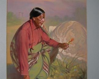 From the 1960 era Grace Gay Betts 1883-1978 Oil on canvas Painting of' Ben', Ben placing flowers on his white Father's Grave as he was raised by a White Family .Beautiful piece.