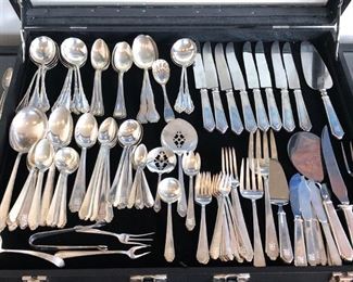 Sterling Flatware:
William & Mary Sterling Flatware & Serving pieces By LUNT, ROGER & BOWLEN. Monogramed with “M”..
Riviera Sterling Flatware Pattern By INTERNATIONAL.. 
Miscellaneous Sterling Flatware by FEDERAL KINGS, OLD COLONIAL, A. MICHELSEN & other DANISH Sterling flatware.. 
Miscellaneous Sterling Serving pieces. 