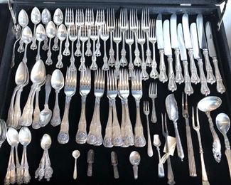 Sterling Flatware:

William & Mary Sterling Flatware & Serving pieces By LUNT, ROGER & BOWLEN. Monogramed with “M”..
Riviera Sterling Flatware Pattern By INTERNATIONAL.. 
Miscellaneous Sterling Flatware by FEDERAL KINGS, OLD COLONIAL, A. MICHELSEN & other DANISH Sterling flatware.. 
Miscellaneous Sterling Serving pieces. 