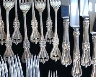Sterling Flatware:

William & Mary Sterling Flatware & Serving pieces By LUNT, ROGER & BOWLEN. Monogramed with “M”..
Riviera Sterling Flatware Pattern By INTERNATIONAL.. 
Miscellaneous Sterling Flatware by FEDERAL KINGS, OLD COLONIAL, A. MICHELSEN & other DANISH Sterling flatware.. 
Miscellaneous Sterling Serving pieces. 