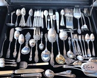 Sterling Flatware:

William & Mary Sterling Flatware & Serving pieces By LUNT, ROGER & BOWLEN. Monogramed with “M”..
Riviera Sterling Flatware Pattern By INTERNATIONAL.. 
Miscellaneous Sterling Flatware by FEDERAL KINGS, OLD COLONIAL, A. MICHELSEN & other DANISH Sterling flatware.. 
Miscellaneous Sterling Serving pieces. 