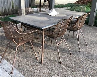 Iron & Slate Top Table with Six Original Woodard Chairs..
