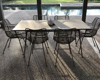 Iron & Slate Top Table with Six Original Woodard Chairs..