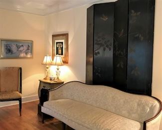 Lovely Henredon sofa, floor screen hung on wall, 