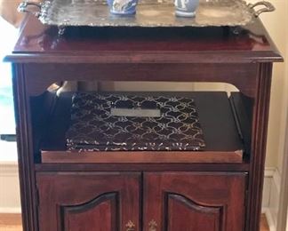 Small cabinet with slide out shelf, vintage silverplate tray, 