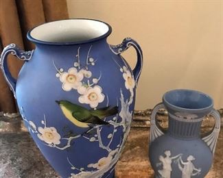 Lovely handled and hand painted Nippon bird vase, smaller Japanese Greek figure vase