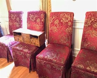 Four of six upholstery covered dining chairs, small desk top drawer organizer