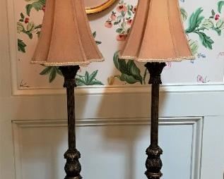 Framed flowers, pair of tall table lamps, decorative wall table