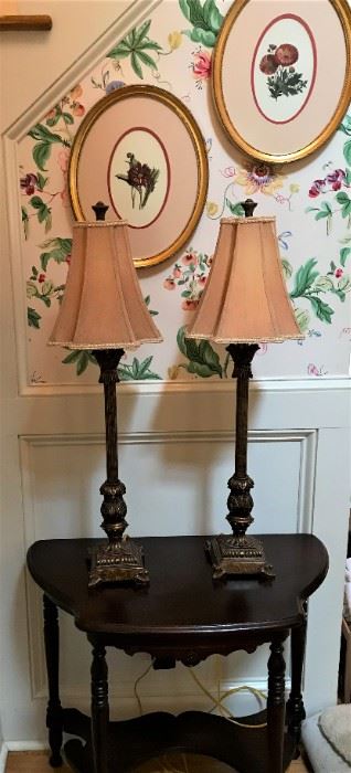 Framed flowers, pair of tall table lamps, decorative wall table