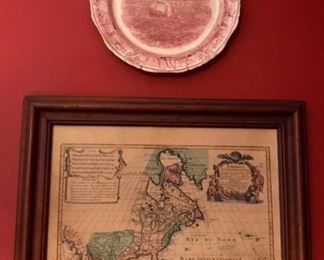 Framed map, antique/vintage plate