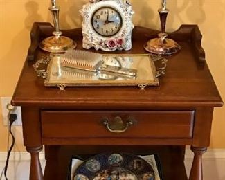 Pair of 5 light candelabras ,ceramic clock, decorative plate, vintage dresser set, occasional table