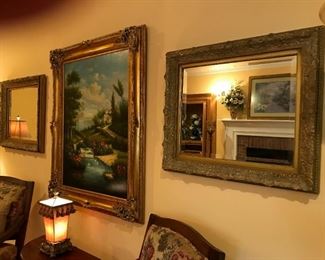 Wall mirrors, table lamp, Signed John Tyler oil landscape