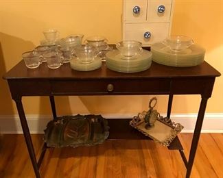 Serving table, glass plates, silverplate trays, more