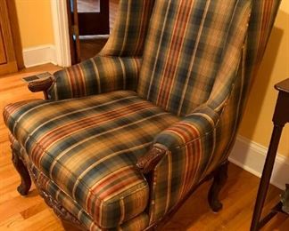 Plaid upholstered Massoud Furniture wing back chair