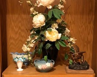 Floral decor in vase, cast bird statue, marked, Roseville pottery, more