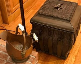 Porcelain handled coal bucket, wicker storage chest