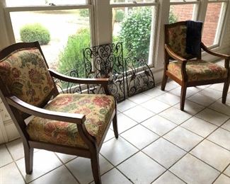 Decorative wrought iron pieces, pair of upholstered arm chairs