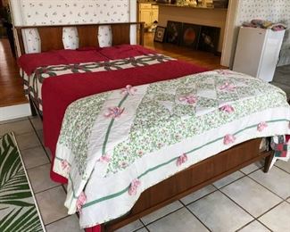 Mid-century modern full bed, vintage quilts, more