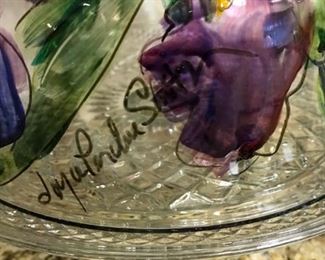Signature on Joyce Perdue Smith hand painted cake/cupcake covered glass stand