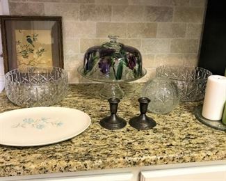 Crystal bowls, platter, Towle sterling weighted candle holders, candles,  Joyce Perdue Smith original and signed hand painted cake/cupcake covered glass stand