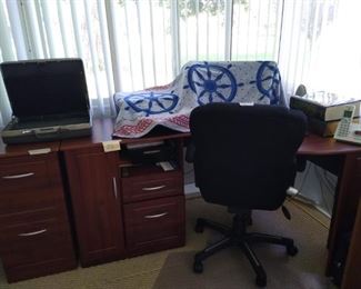 Corner desk. Chair and left side detached file cabinet not for sale
