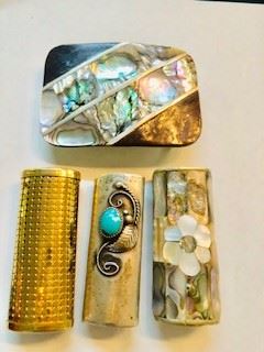 Turquoise & silver abalone , Whiting Davis Lighter Holders & Abalone inlaid belt buckle 