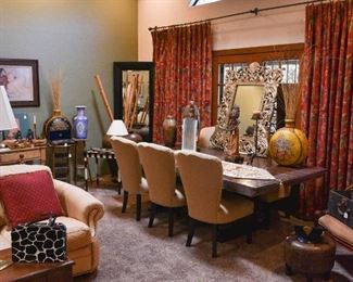 Indonesian puppets, antique picnic basket, Iranian vase, leather couch, vintage purse, eclectic home décor and furnishings