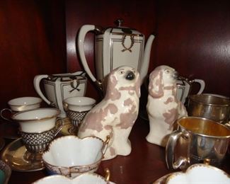 STAFFORD DOGS, TIFFANY STERLING SILVER CUPS AND SAUCERS AND LEXON TEA SERVING SET