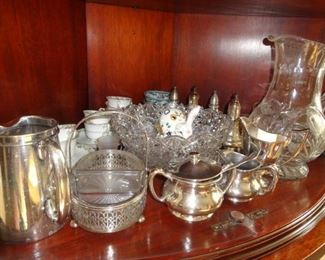 CRYSTAL, STERLING SILVER AND TEA CUPS AND SAUCERS