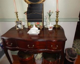 ANTIQUE TABLE, WOOD LETTER HOLDER AND BRASS CANDLEHOLDERS