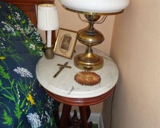 MARBLE TOP TABLE AND HURRICANE LAMP