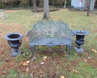 WROUGHT IRON BENCH WITH PEDESTAL PLANTERS