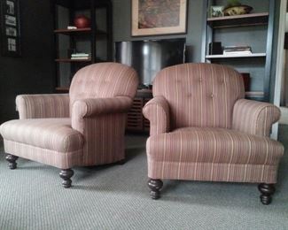 Mitchell Gold roll arm chairs in custom Robert Allen striped fabric